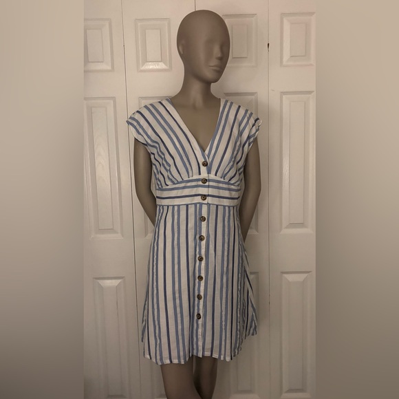LOFT Blue and White Striped Button-Front V-Neck Dress - Picture 4 of 16